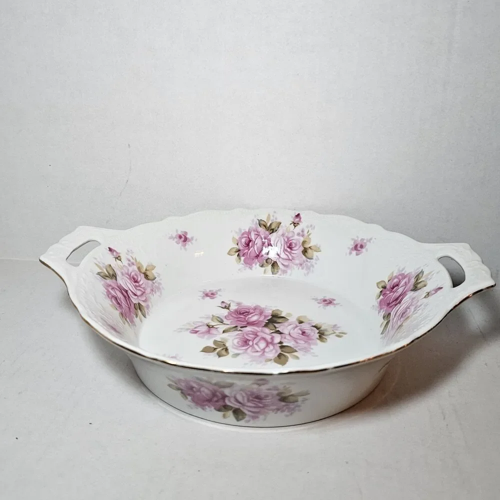 VTG Andrea by Sadek Round Serving Bowl Pattern 8118 Pink Roses Gold Trim Handles
